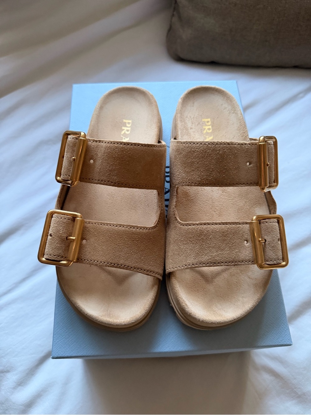 Prada Tan Suede Double-Buckle Slide Sandals with Gold Buckles